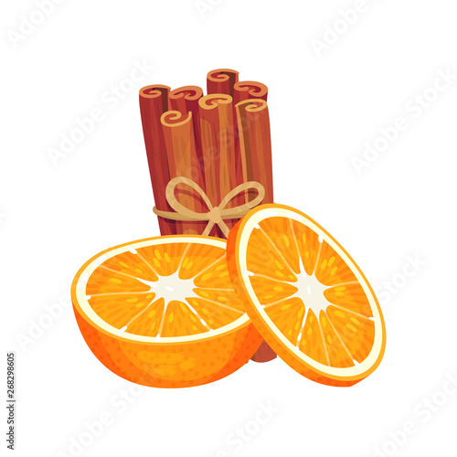 Half orange beside cinnamon sticks tied with a rope. Vector illustration on white background.