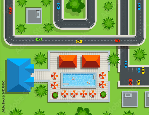 Of the city top view. Swimming pool. Vector illustration.