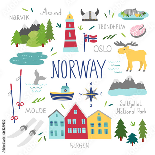 Norway vector set. Travel Norway illustrations: houses, animals, food, nature. Scandinavian elements on white background