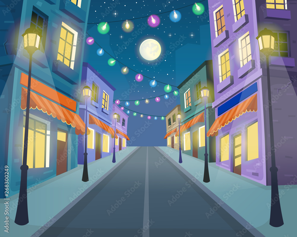 Road over the street with lanterns and a garland. Vector illustration of the city street in cartoon style. Road over the street with lanterns and a garland. Vector illustration of the city street in cartoon style.