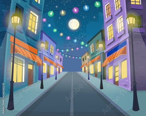 Road over the street with lanterns and a garland. Vector illustration of the city street in cartoon style.