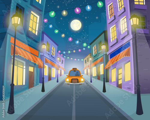 Road over the street with taxi, lanterns and a garland. Vector illustration of the city street in cartoon style.