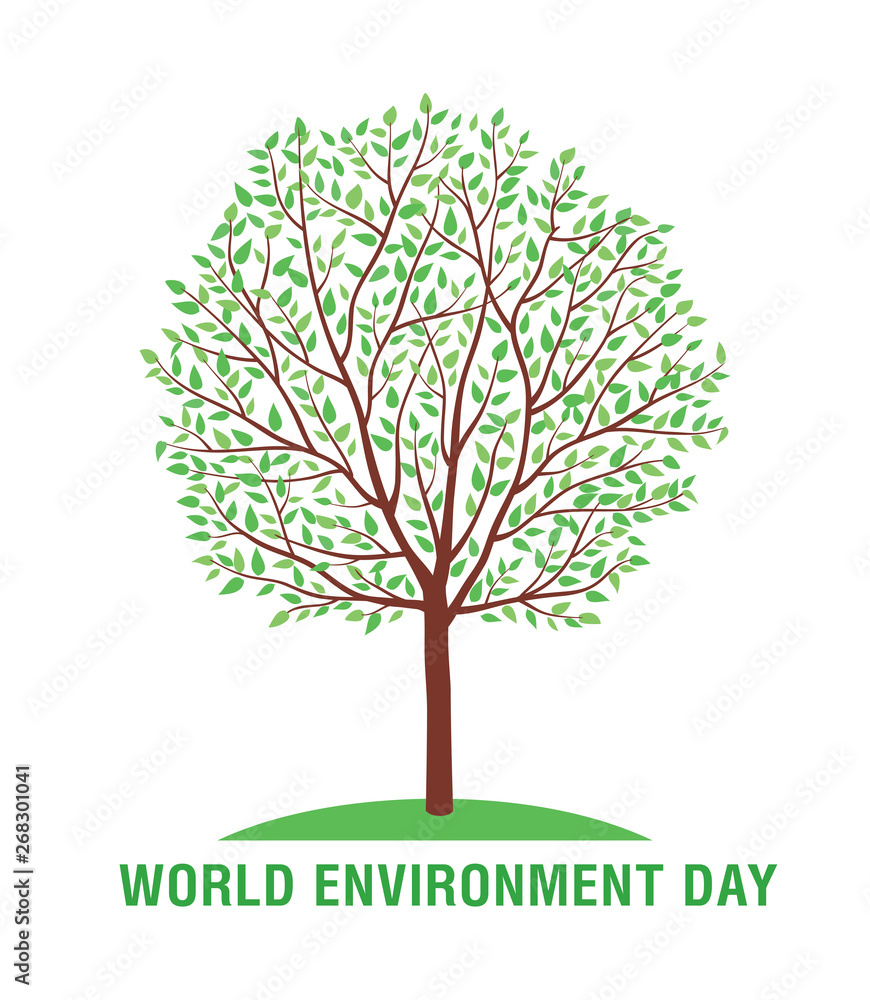 Fototapeta premium World Environment Day card or background with summer green tree. Vector illustration.