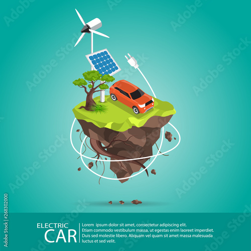 Isometric Electric cars charging at the charger station in front of the solar panels and wind turbines.Eco green city theme.