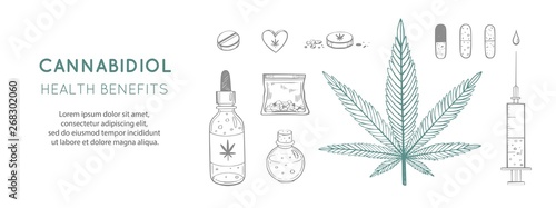 Cannabidiol Health benefits Vector background, banner. Hand drawn Infographic set of medical Cannabis, marijuana. Pills, bottles, oil and other medicinal cannabis symbols