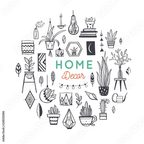 Cozy interior decor Vector elements . Hand drawn house plants and decorations for home