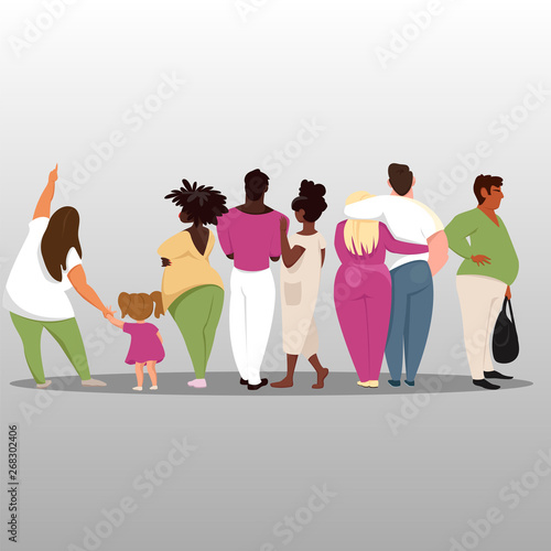 a group of people stands with their backs. set of vector images of people in different poses