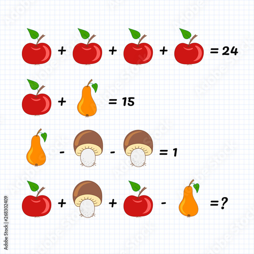 Mathematical Addition Subtraction Puzzle with apple, pear and mushroom. Math game with pictures for children, middle level, education game for kids, preschool worksheet activity, for logical thinking.