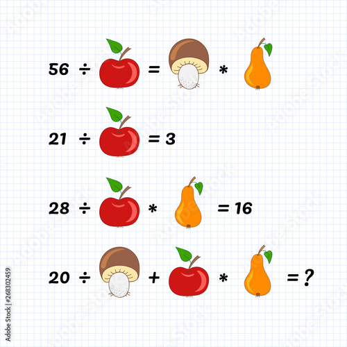 Mathematics educational game for children. Advanced level. Learning division, multiplication, addition equations worksheet for kids. Math Puzzle. System of equations. Order of operations. Logical task