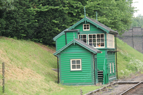 A Traditional Green Wooden Railway Signal Box.