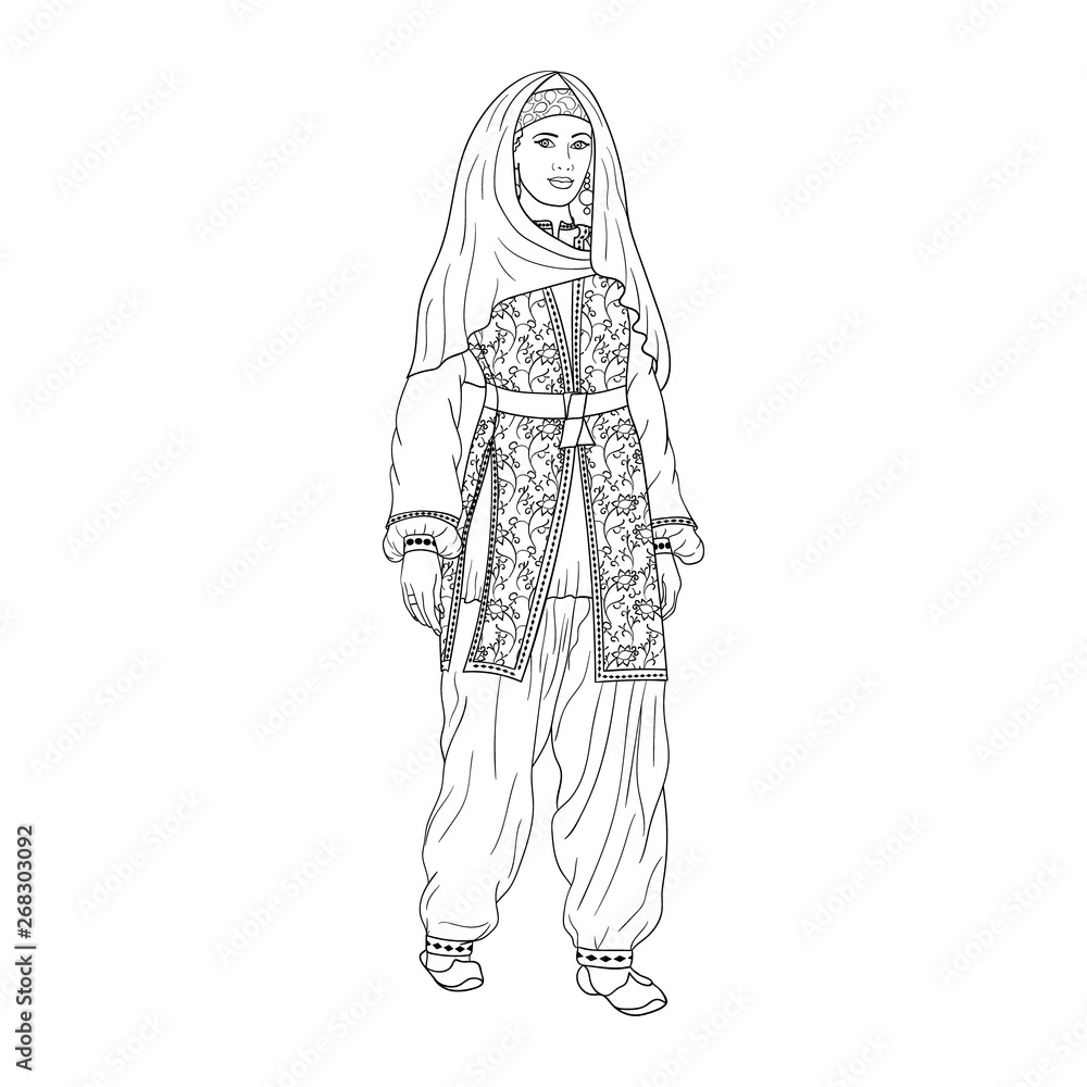 Hand drawn Vector illustration. Turkish woman in national dress for adult coloring book