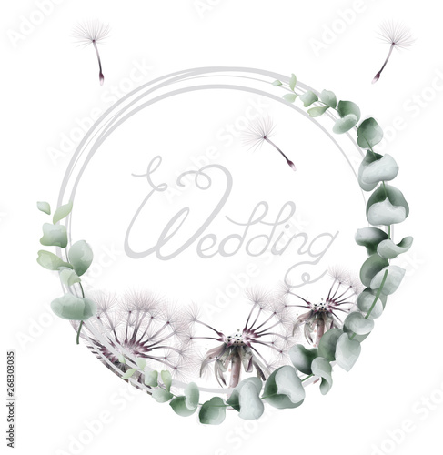Round wreath dandelion Vector watercolor. Summer floral frame cards