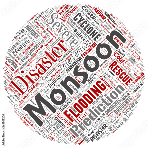 Vector conceptual monsoon dangerous weather round circle red meteorology word cloud isolated background. Collage of tropical dramatic storm force, strong wind blowing, rain hail thunderstorm concept