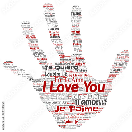Vector conceptual sweet romantic I love you multilingual message hand print stamp word cloud isolated background. Collage of valentine day, romance affection,  happy emotion or passion lovely concept
