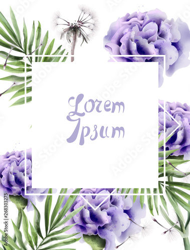 Purple flowers and dandelion Vector watercolor. Summer floral cards