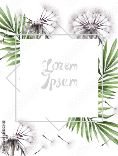 Dandelion card Vector watercolor. Summer floral frame decors