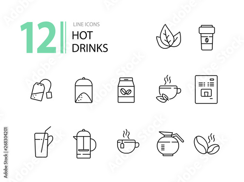 Hot drinks line icon set. Mug, paper cup, tea bag, pot, coffee. Drink concept. Can be used for topics like coffee shop, cafe menu, healthy lifestyle