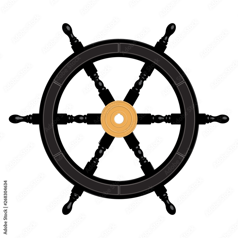 Black steering wheel with brass hub. 3D effect. Vector illustration Black steering wheel with brass hub. 3D effect. Vector illustration