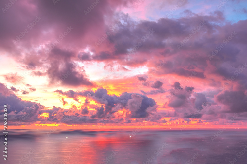 Panoramic view of the sunset on the sea, beautiful clouds. Andaman Sea, Phuket, Thailand