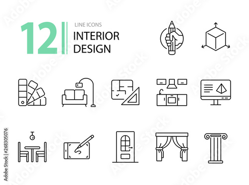 Interior design line icon set. Pencil, ruler, furniture, room. Home concept. Can be used for topics like house project, renovation, home design