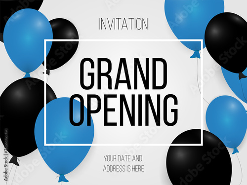Grand opening invitation, text, special offer celebrate background with black and blue air balloons. Realistic vector stock design for shop and sale banners, grand opening, party flyer