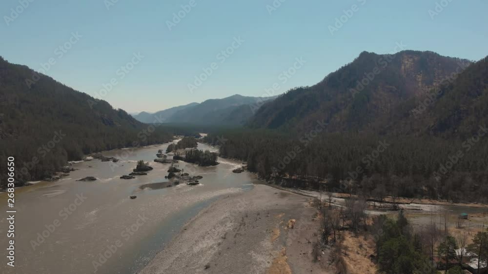 Aerial view of Katun river, in Altai mountains, cinematic drone footage Aerial view of Katun river, in Altai mountains, cinematic drone footage