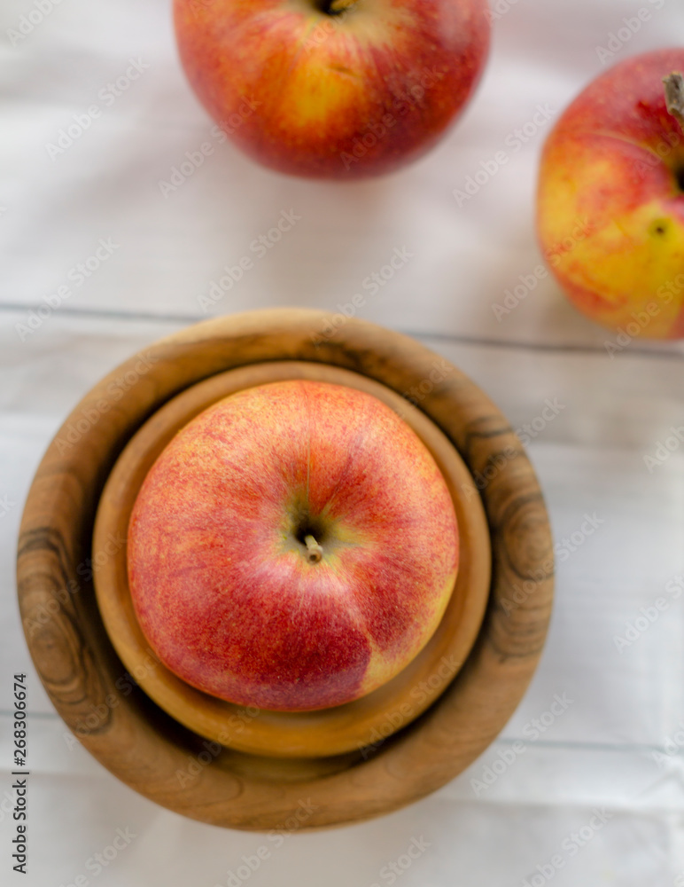 Ripe Red Apple Wooden Bowls Other Apples Table Ripe Red Apple Wooden Bowls Other Apples Table