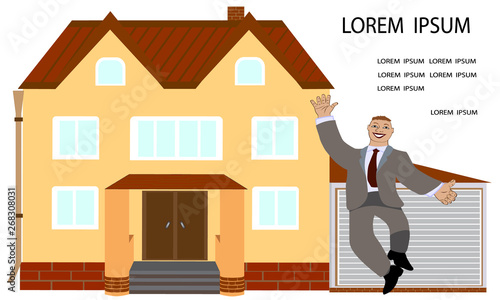 New property. Businessman or manager smiling and house. Cartoon of real estate. Vector illustration of modern house.