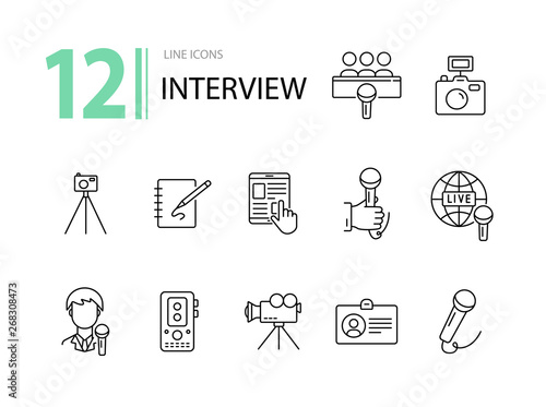 Interview icons. Line icons collection. Article, live broadcasting, press conference. Mass media concept. Vector illustration can be used for topic like communication, journalism, television