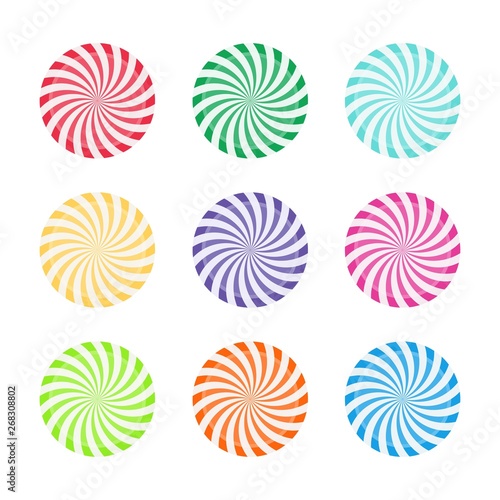 Set of colorful peppermint candies. Round sweet lollipop candy. Template design for celebration, party, birthday, christmas, holiday.