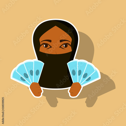 realistic paper sticker on theme Arabic business money Muslim woman