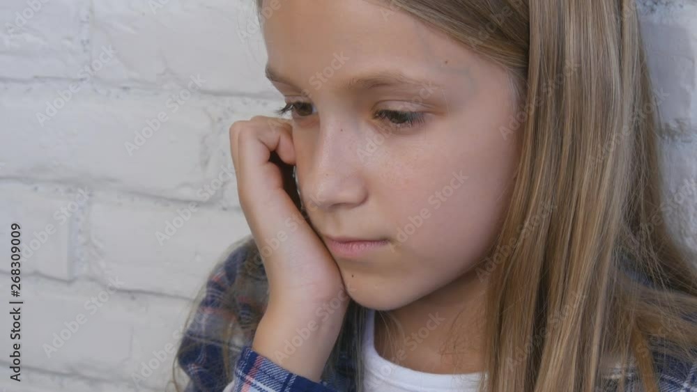 Sad Child, Unhappy Kid, Sick Ill Girl in Depression, Stressed Thoughtful Person Sad Child, Unhappy Kid, Sick Ill Girl in Depression, Stressed Thoughtful Person
