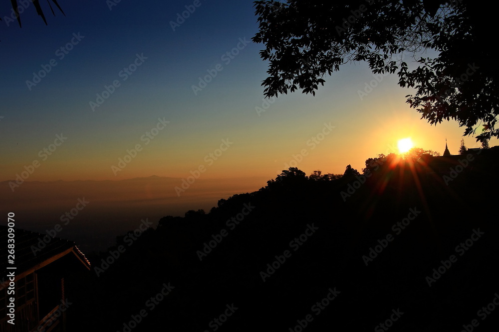 Sunrise in high mountain at Doi Suthep in Chiang mai, Thailand. Low key.