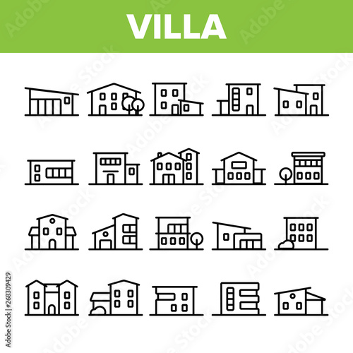 Luxurious Villa, Cottage Linear Vector Icons Set. Fashionable House, Villa Thin Line Contour Symbols Pack. Real Estate Business Pictograms Collection. Suburban Manor Exterior Outline Illustrations