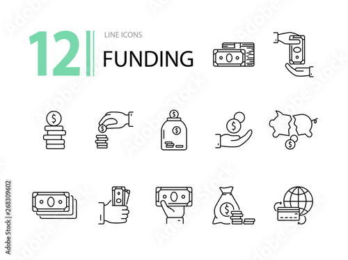 Funding icons. Line icons collection on white background. Manager, way to money, transfer. Money concept. Vector illustration can be used for topic like business, banking, finance