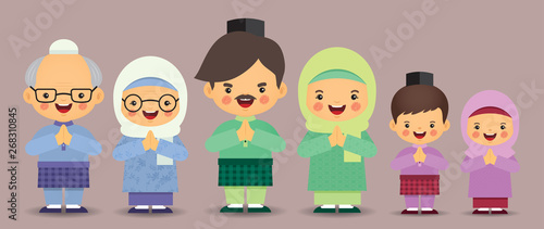 Set of cute cartoon muslim family isolated in flat vector design. Hari Raya Aidilfitri malay character design. Father, mother, grandfather, grandmother, brother & sister.