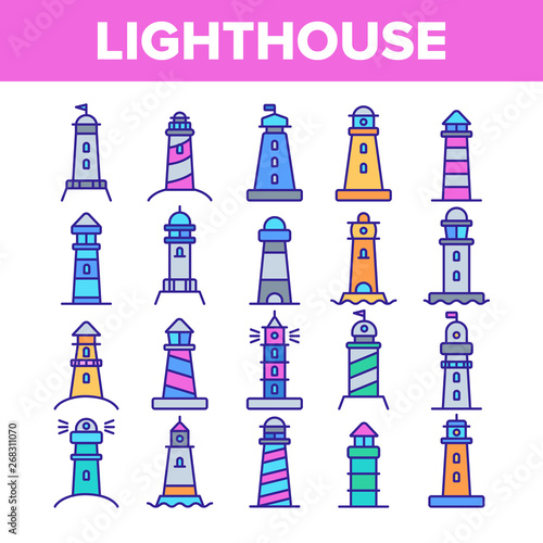 Lighthouse, Sea Beacon Linear Vector Icons Set. Lighthouse, Signal Light House Thin Line Contour Symbols Pack. Sailor Safety Warning Pictograms Collection. Tower with Searchlight Outline Illustrations