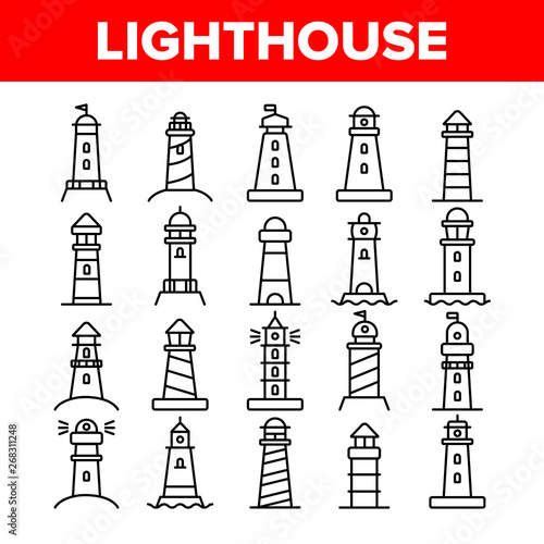 Lighthouse, Sea Beacon Linear Vector Icons Set. Lighthouse, Signal Light House Thin Line Contour Symbols Pack. Sailor Safety Warning Pictograms Collection. Tower with Searchlight Outline Illustrations