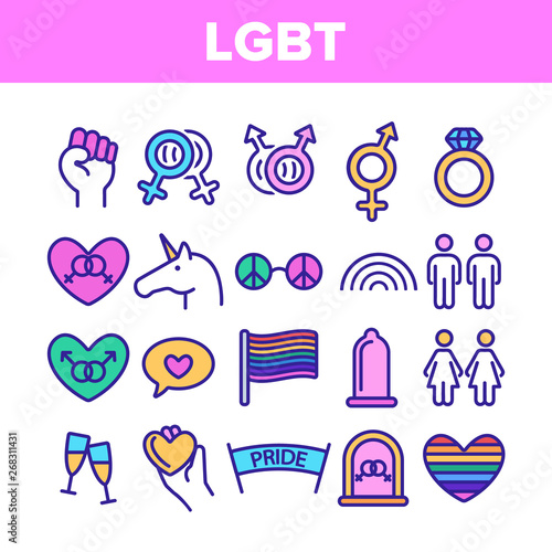 LGBT, LGBTQ Movement Linear Vector Icons Set. LGBT Community Thin Line Contour Symbols Pack. Gay, Lesbian, Homosexual Relationship Pictograms Collection. Love Freedom, Equality Outline Illustrations