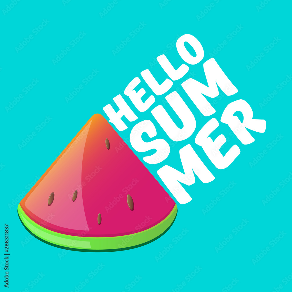Vector Hello Summer Beach Party Flyer Design template with fresh watermelon slice isolated on azure background. Hello summer concept label or poster with fruit and typographic text. Vector Hello Summer Beach Party Flyer Design template with fresh watermelon slice isolated on azure background. Hello summer concept label or poster with fruit and typographic text.