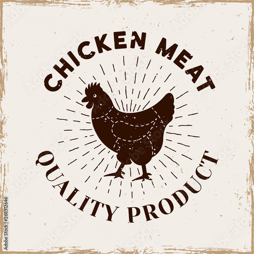 Chicken meat vector vintage emblem with sunburst