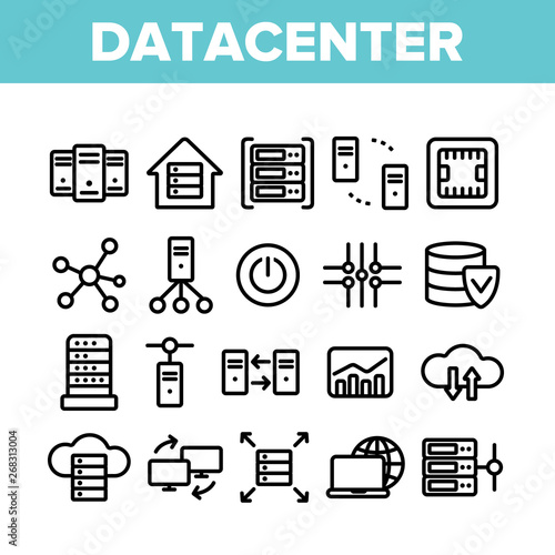 Data Center, Technology Linear Vector Icons Set. Data Analytics, Remote Access Thin Line Contour Symbols Pack. Cloud Computing, Networking Pictograms Collection. Hosting Business Outline Illustrations