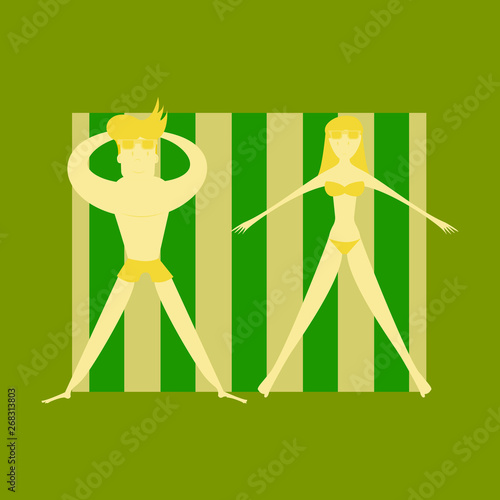 sunbathing lying on blanket on beach and looking at vector person having vacation by coast getting tan tanning looking at sunbathe hobby of human on holidays summer.