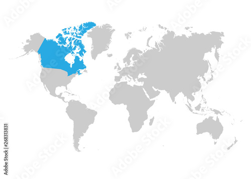 Fototapeta Naklejka Na Ścianę i Meble -  Canada map is highlighted in blue on the world map