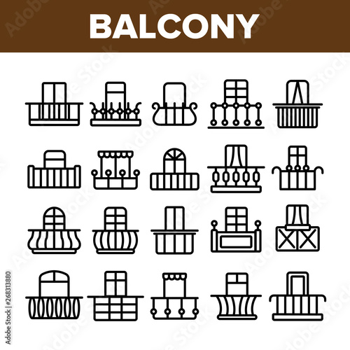 House Balcony Forms Linear Vector Icons Set. Fashionable Balcony Thin Line Contour Symbols Pack. Modern Architecture Pictograms Collection. Luxurious Veranda Decor. Terrace Outline Illustrations
