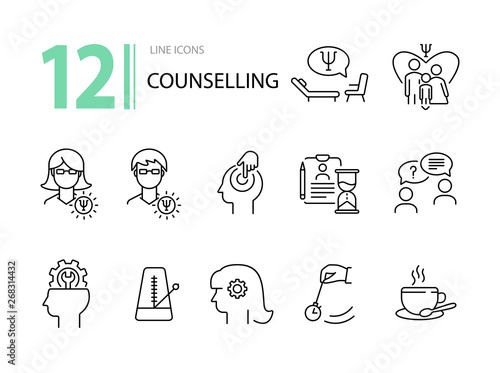 Counselling line icon set. Psi letter, hypnosis, cup of tea. Psychology concept. Can be used for topics like mental science, psychological help, assistance