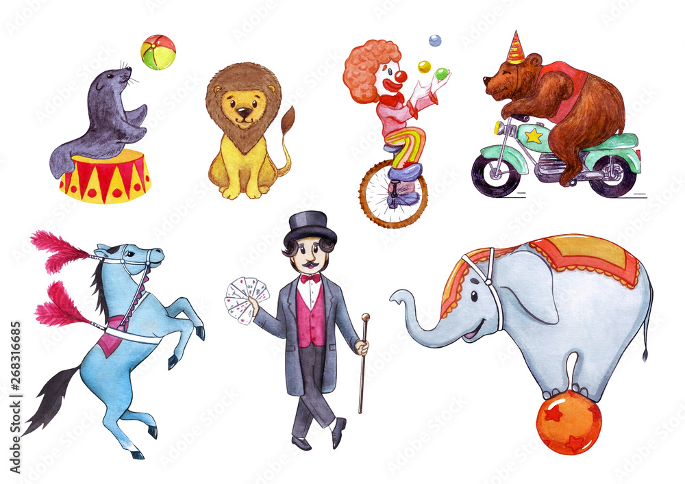 Circus, show, performance. Watercolor illustration set of circus artists for postcards, posters, business cards, banners. Isolated on white background.