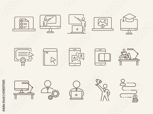 Educational technology line icon set. Computer, online class, lection. Webinar concept. Can be used for topics like distant education, development, e-learning