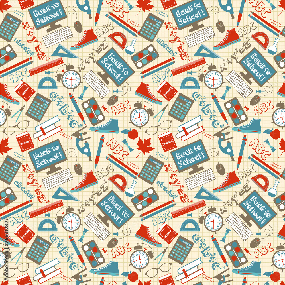 Seamless pattern with different school supplies cage background. Decoration elements for Back to school holiday.