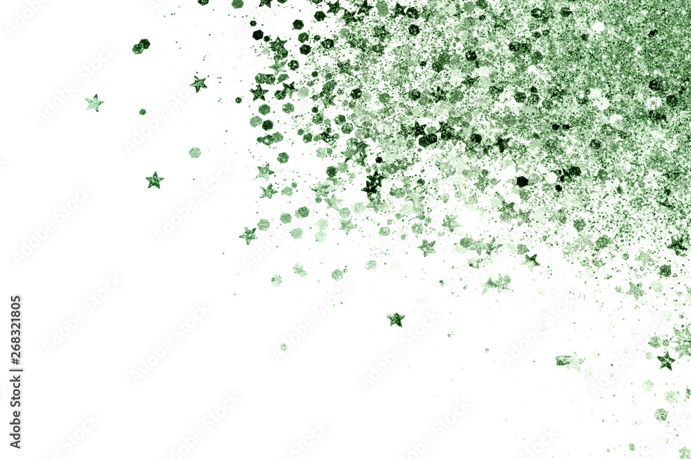 Green glitter sparkles on white background.